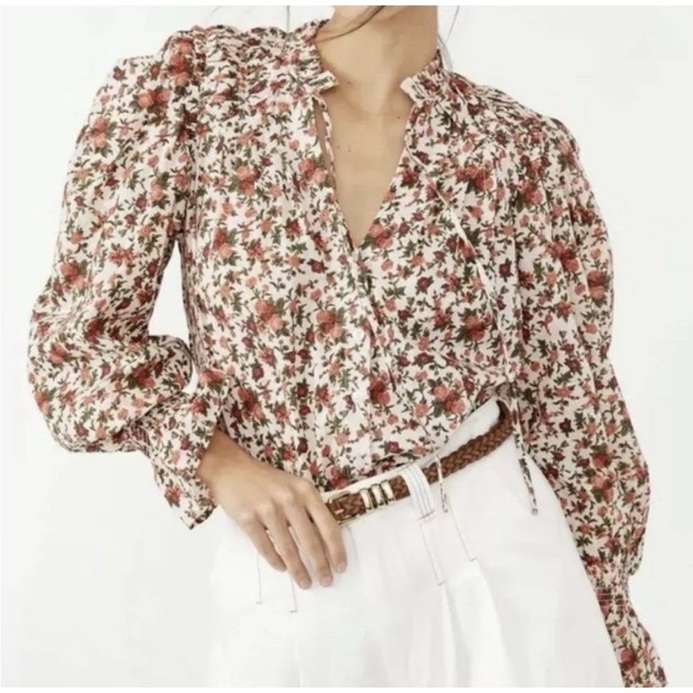 Free People Puff Sleeve Button Front Blouse Womens Medium Floral Cottagecore - Picture 2 of 14